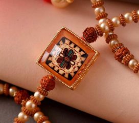 Flower Enamelled Pearl & Beads Rudraksh Rakhi-1