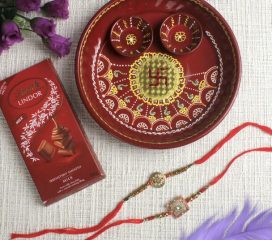 Ethnic Rakhi Set Trishul & Shree with Puja Thali & Lindt Chocolate