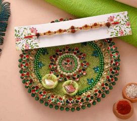 Fancy Pooja Thali With Rudraksh Rakhi